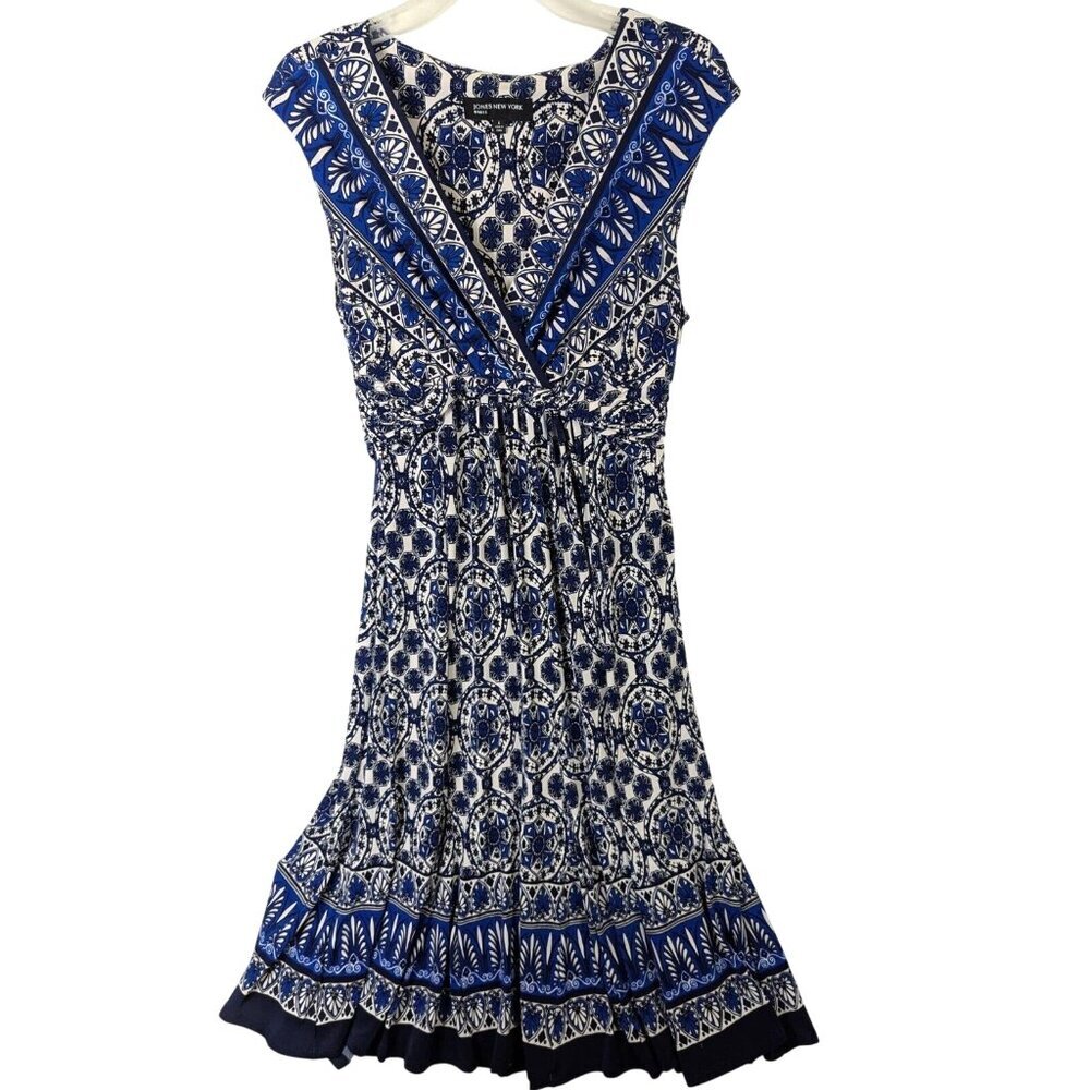 Jones New York Dress Women size 6 Blue Floral Cap Sleeve Flowy Skirt Twirl Class